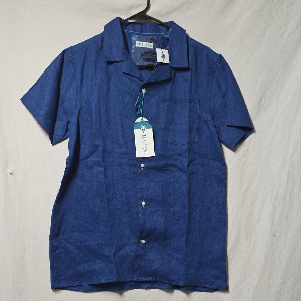 Tenth + Ocean Indigo Blue Front Pocket Button Up Linen Shirt Size Small Nwt